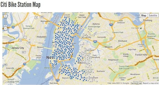 citi bike mapa NEW yorku