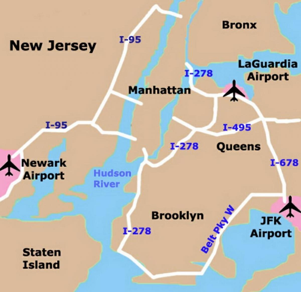 New York letiště mapě