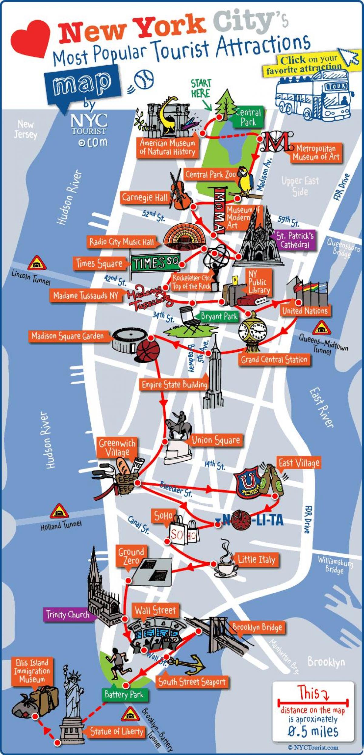 New York turistických atrakcí mapě