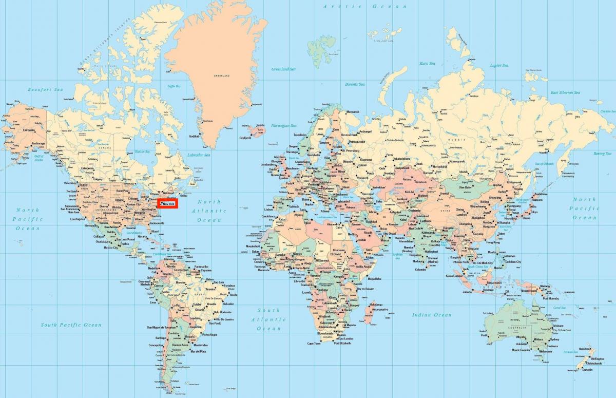 mapa světa ukazuje, New York